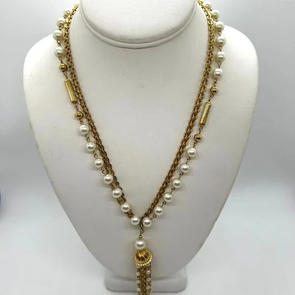 Vintage Faux Pearl Necklace Triple Strand Gold-Tone Chain Tassel Pendant 1970s - Picture 4 of 13